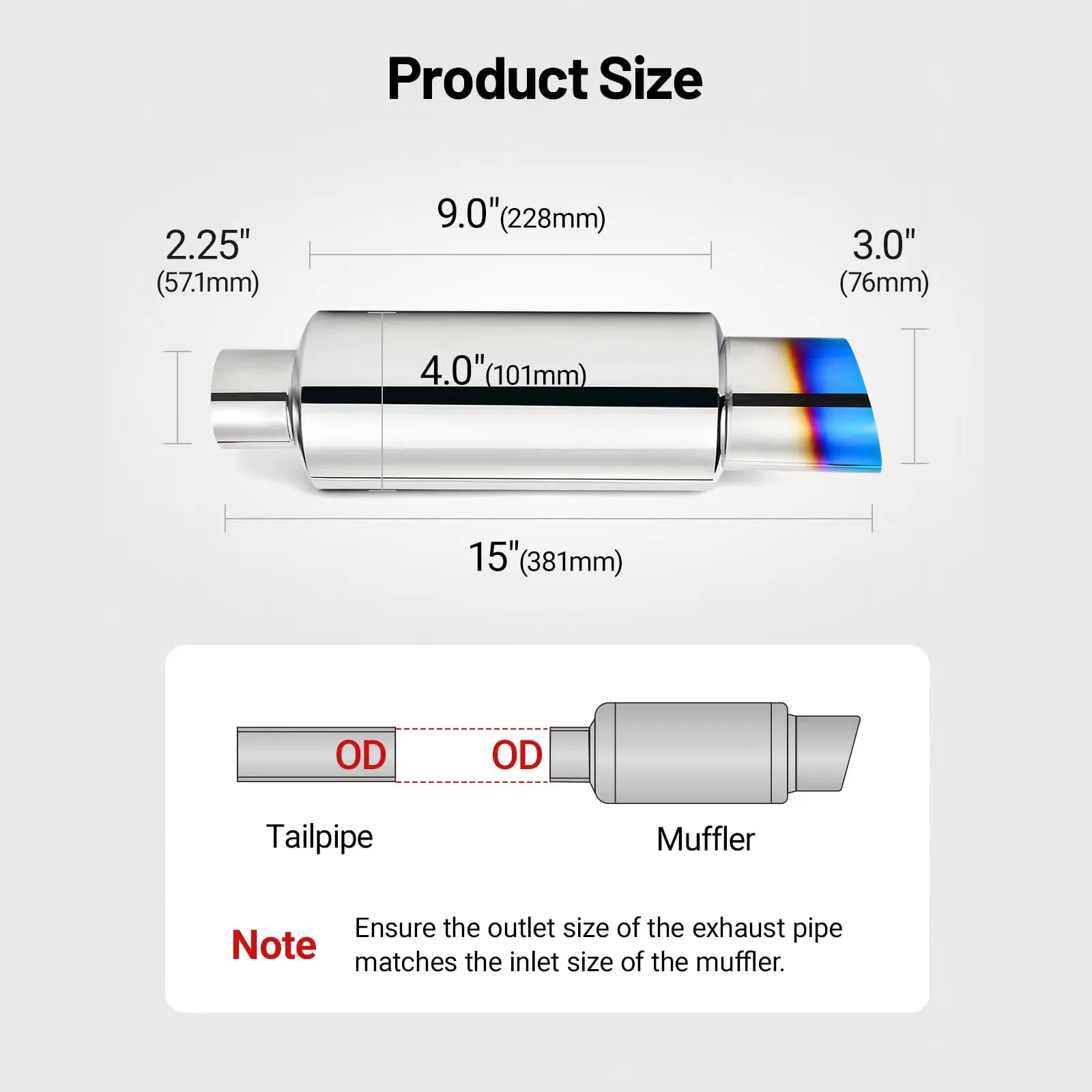 Car Exhaust Pipe Muffler 2.25" 57MM Inlet 3" 76MM Outlet Stainless Steel Universal Straight Through N1 Style Burnt Exhaust Tip