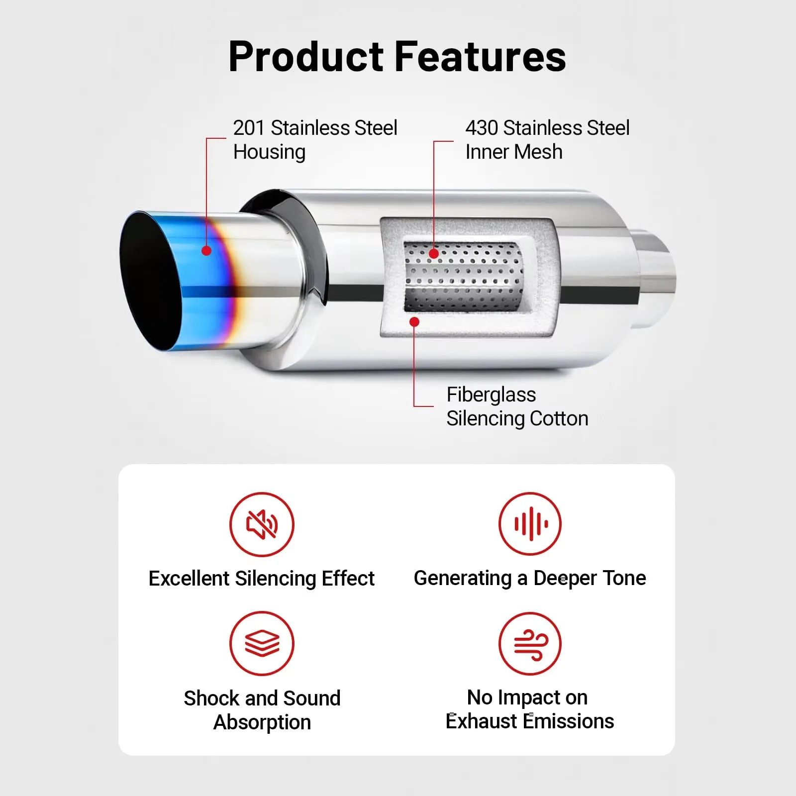 Car Exhaust Pipe Muffler 2.25" 57MM Inlet 3" 76MM Outlet Stainless Steel Universal Straight Through N1 Style Burnt Exhaust Tip