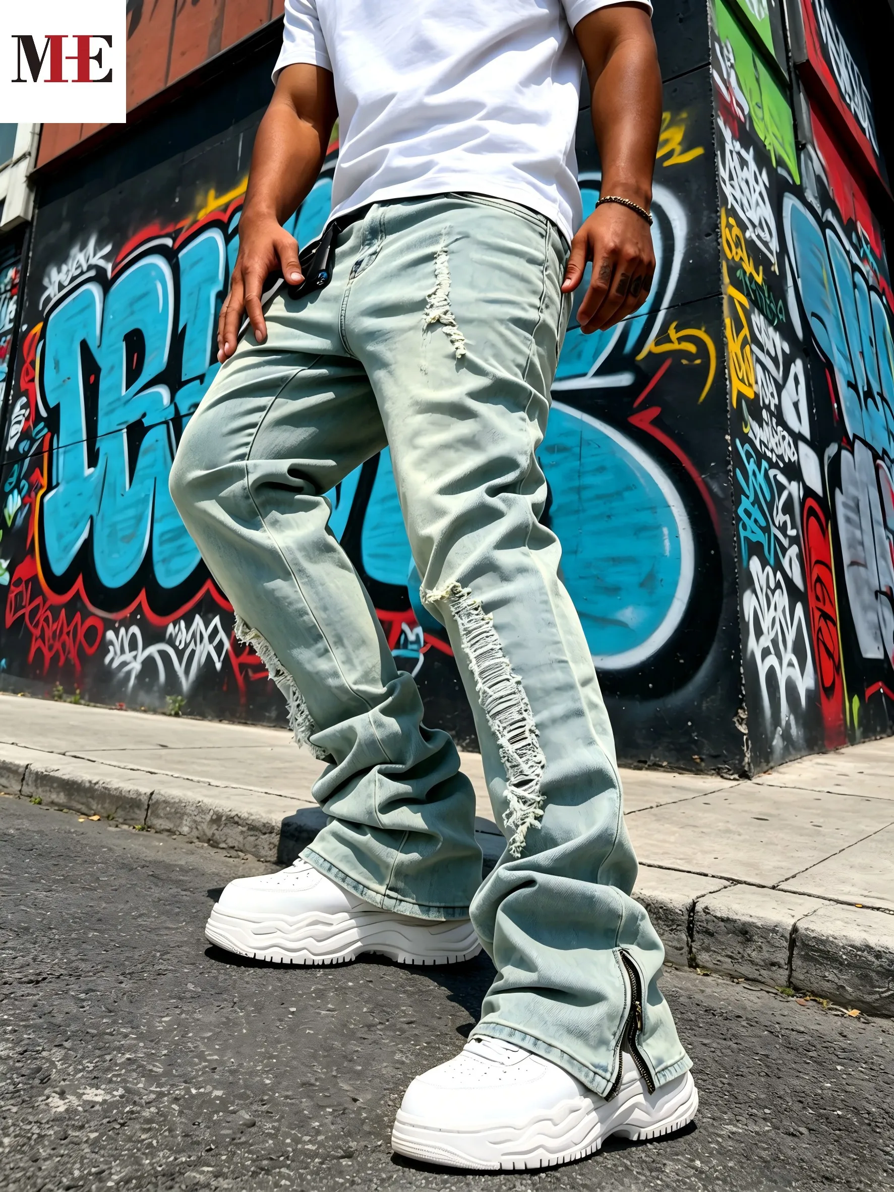 HME Men's Flared Denim Pants, Light Blue Vintage Jeans with Rips & Zipper Hem for Casual Style