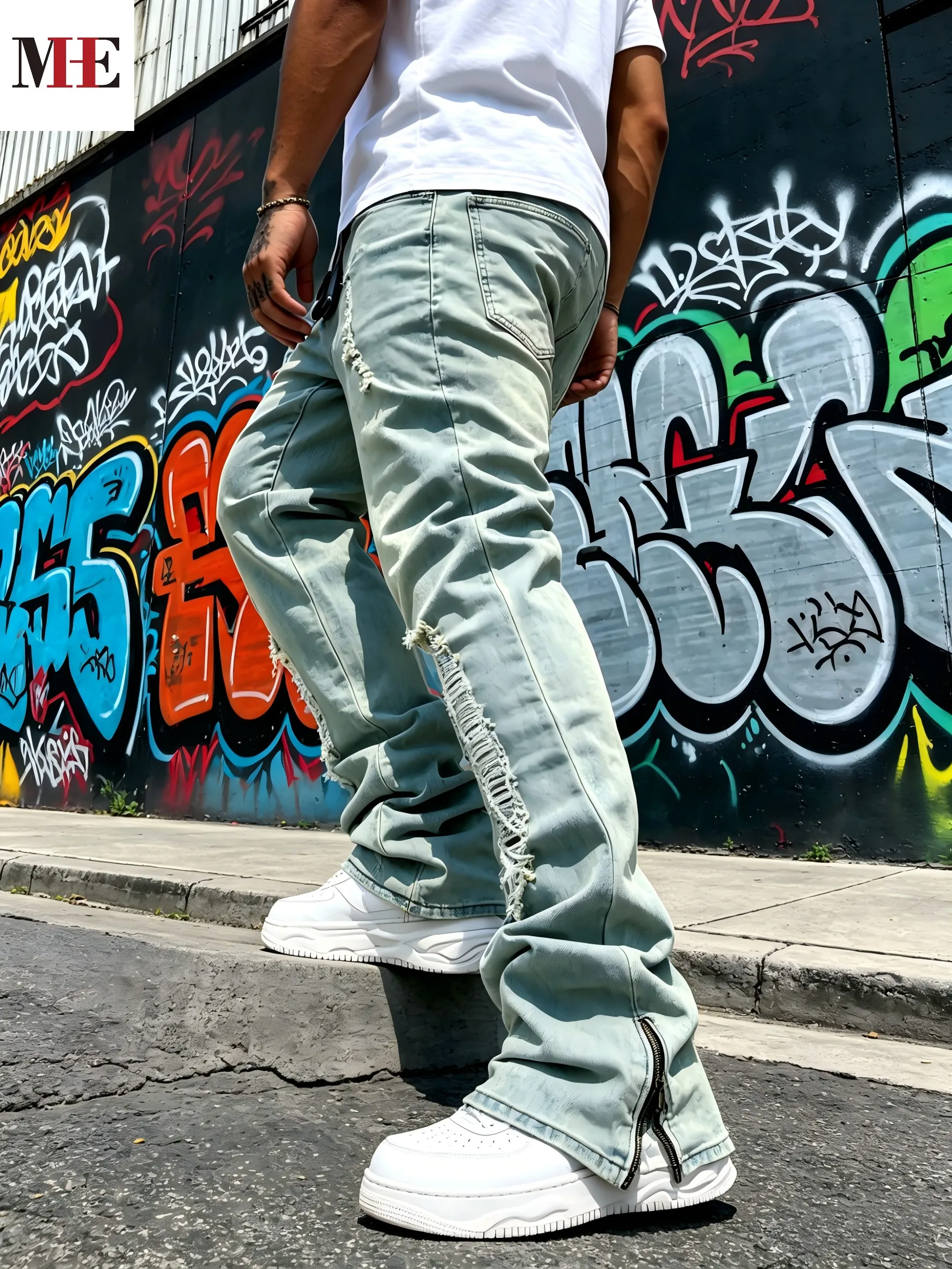 HME Men's Flared Denim Pants, Light Blue Vintage Jeans with Rips & Zipper Hem for Casual Style