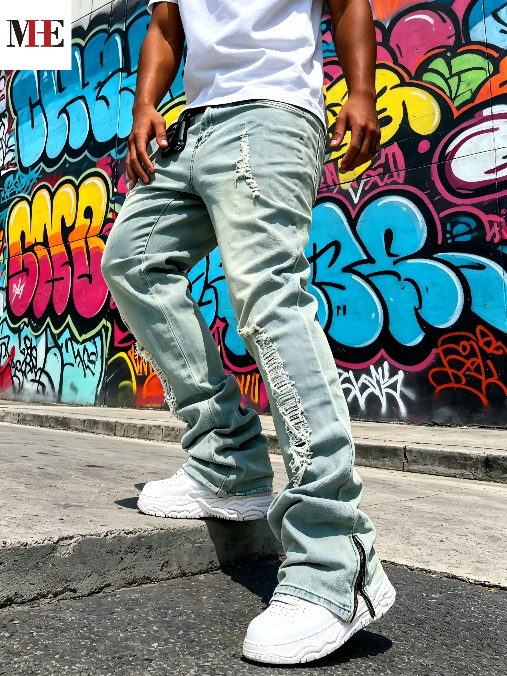 HME Men's Flared Denim Pants, Light Blue Vintage Jeans with Rips & Zipper Hem for Casual Style