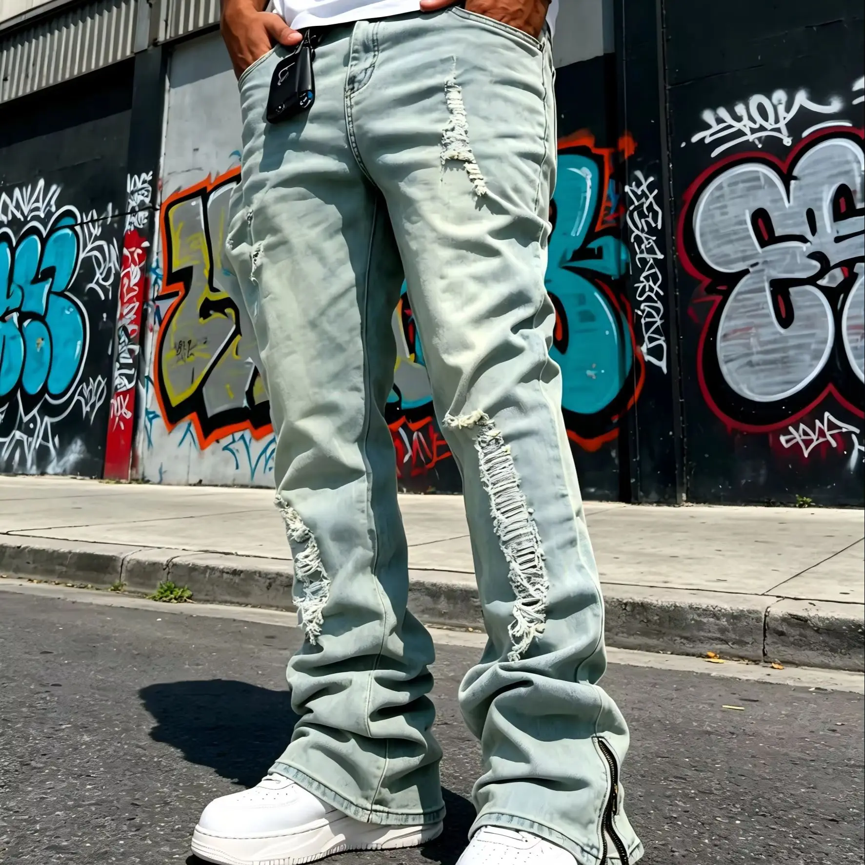 HME Men's Flared Denim Pants, Light Blue Vintage Jeans with Rips & Zipper Hem for Casual Style
