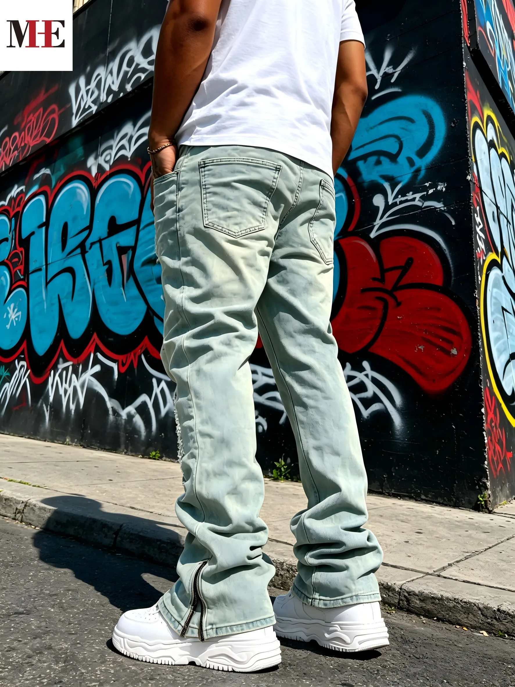 HME Men's Flared Denim Pants, Light Blue Vintage Jeans with Rips & Zipper Hem for Casual Style