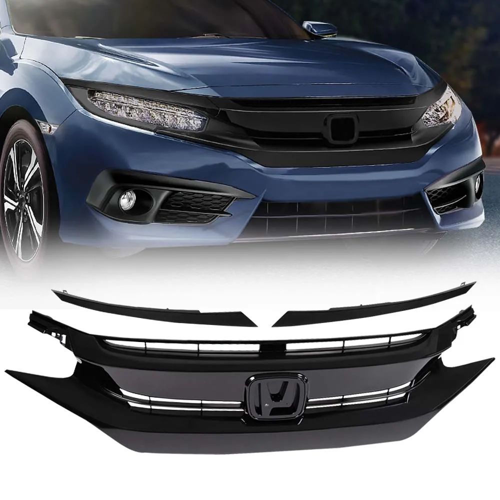 Black Factory Style Front Hood Mesh Grill Grille Eyelid Compatible with 2016-2018 Honda Civic