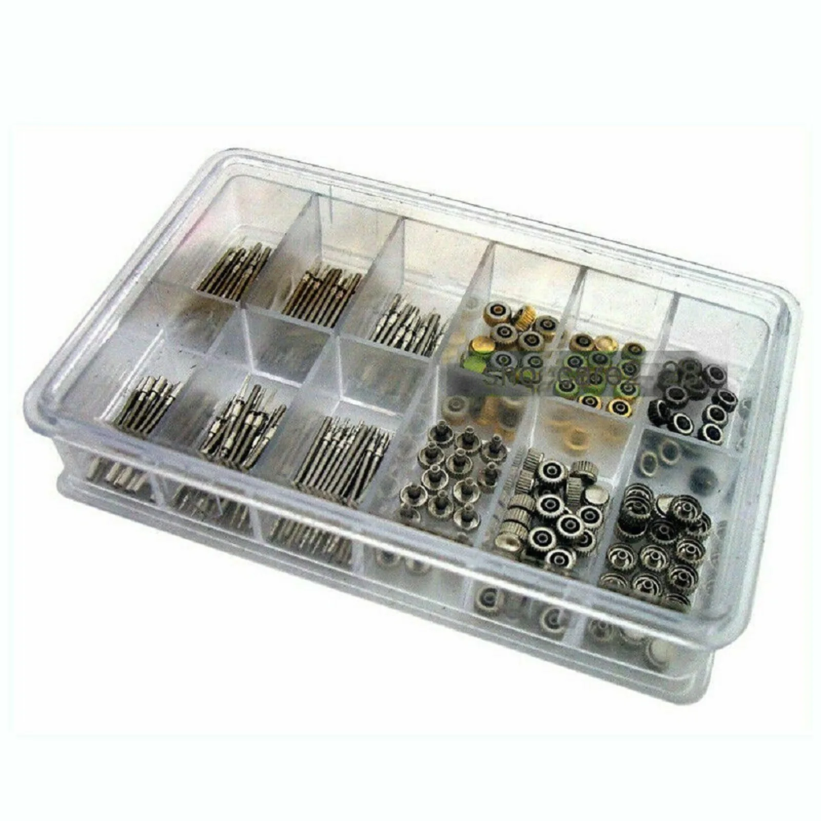 170Pcs Watch Stem Extender Watch Crowns Stainless Steel Different Sizes Mixed Box Assortment Set Watch Repair Watchmakers Tools