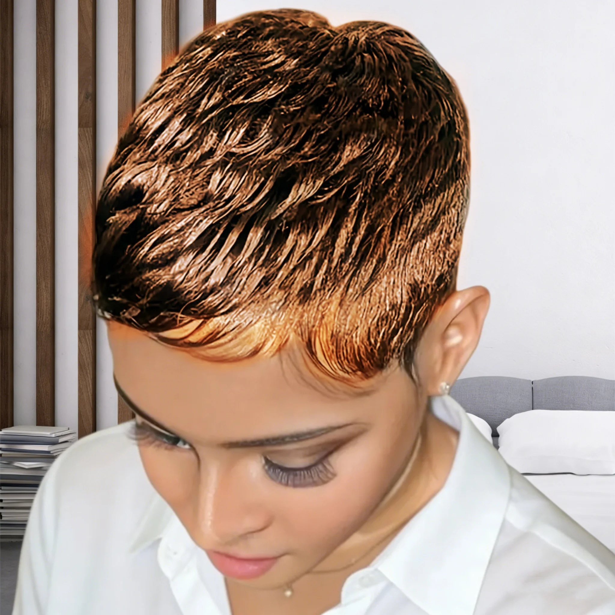Pixie Cut Wig for Women Brazilian Remy Human Hair Short Wave Style with 99j Color Full Machine-Made