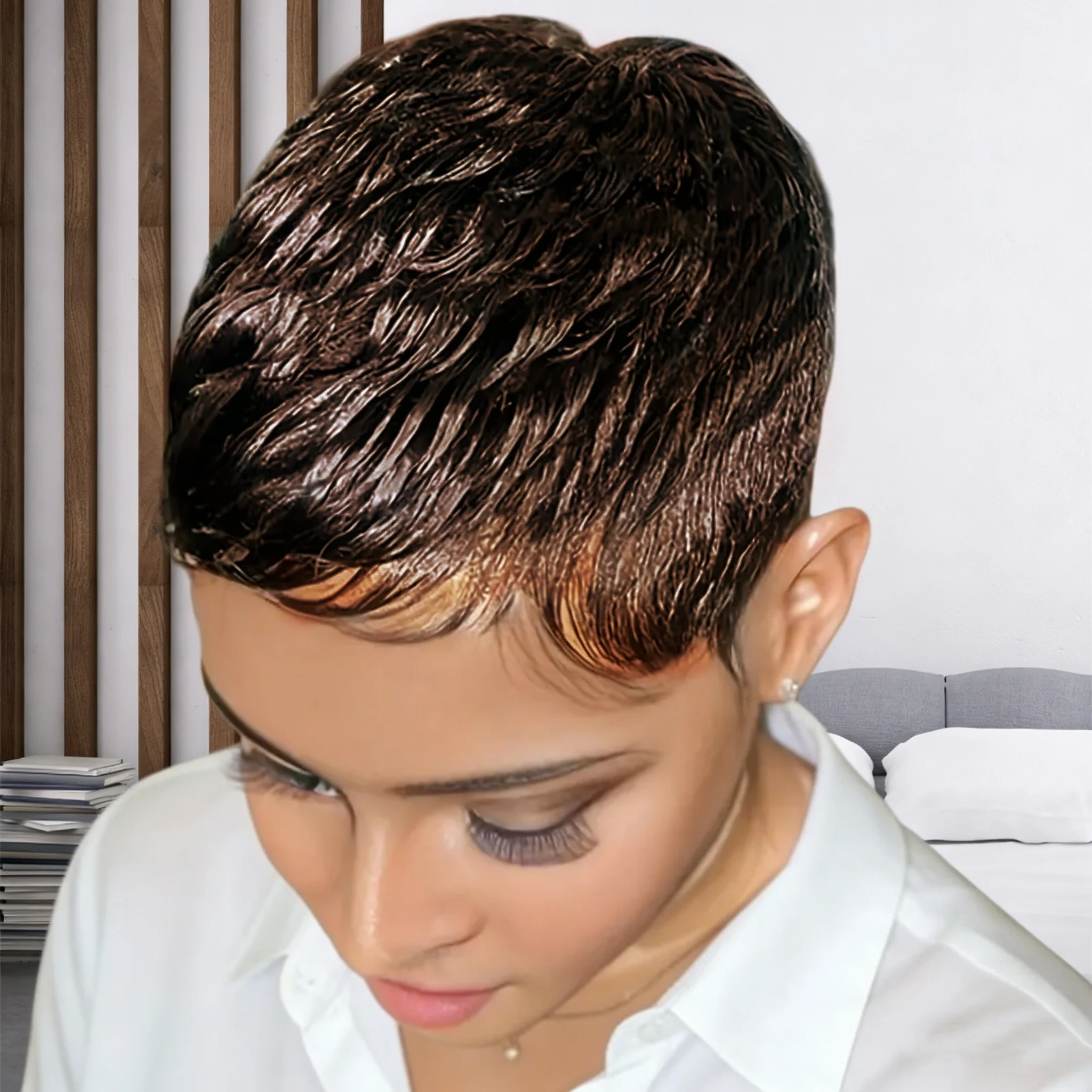 Pixie Cut Wig for Women Brazilian Remy Human Hair Short Wave Style with 99j Color Full Machine-Made
