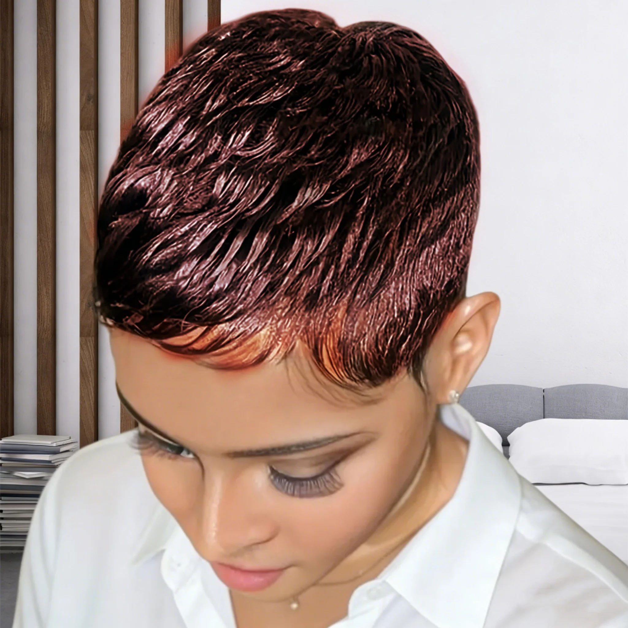 Pixie Cut Wig for Women Brazilian Remy Human Hair Short Wave Style with 99j Color Full Machine-Made