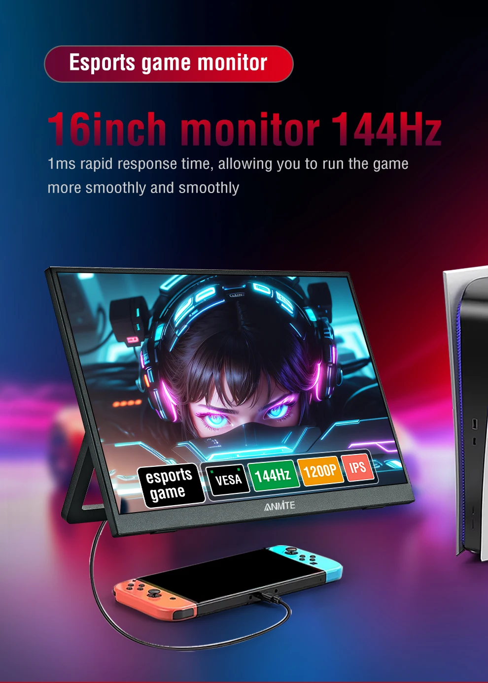 16 inch Portable Monitor 144Hz HDR IPS Gaming Monitor USB TYPE C HDMI for Phone Laptop Desktop Switch PS4 XBOX
