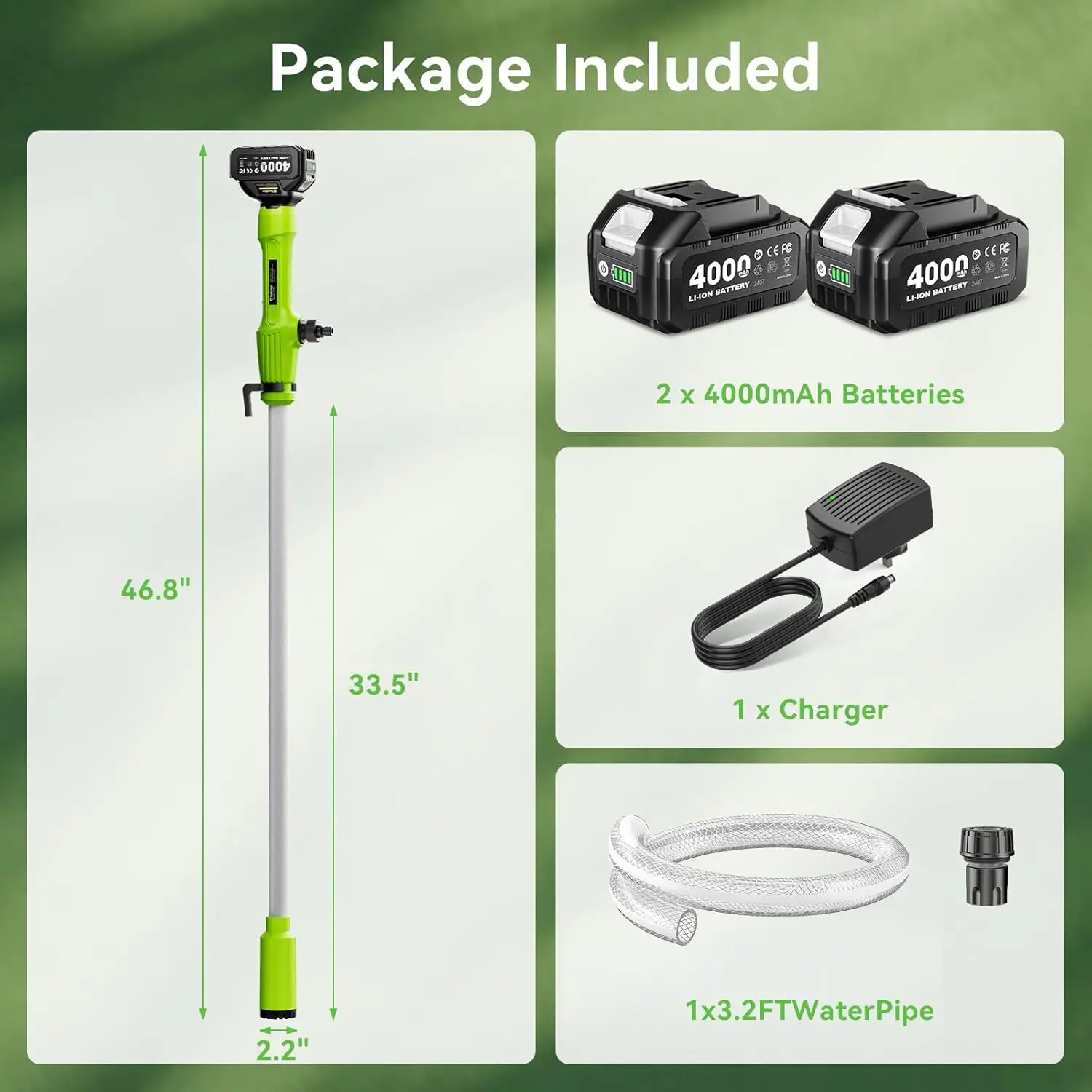 TaskStar Cordless Water Pump 720GPH Flow Rate Stick Transfer Pump with 2 4000mAh Batteries for Basement Pool Rain Barrels Pond, Pumping Height Max. 16ft