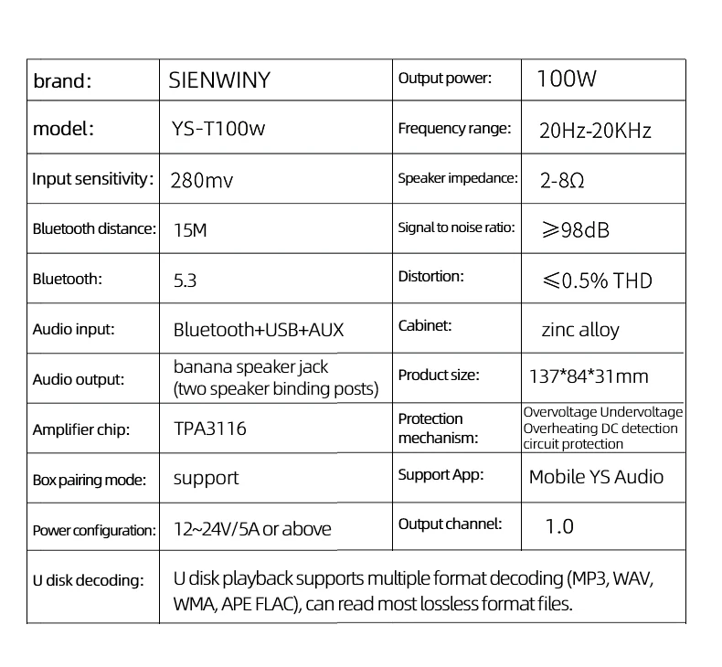 Docreate YS-T100W TPA3116 Bluetooth 5.3 Mono Amp with APP Control 12-24V Boost Mini Audio Amplifier For Outdoor PC Subwoofer US
