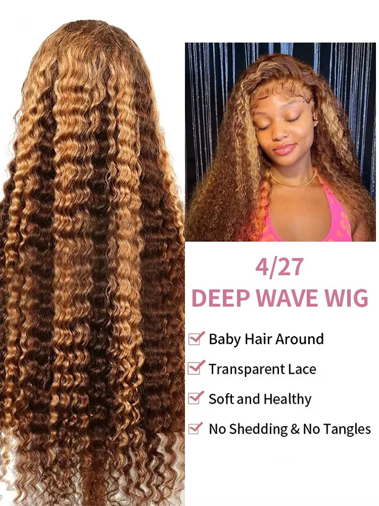 Highlight Deep Wave 13x6 HD Lace Frontal Wig Human Hair 40 42 Inch Honey Blond Curly 13x4 Lace Front Wigs For Women Pre Plucked