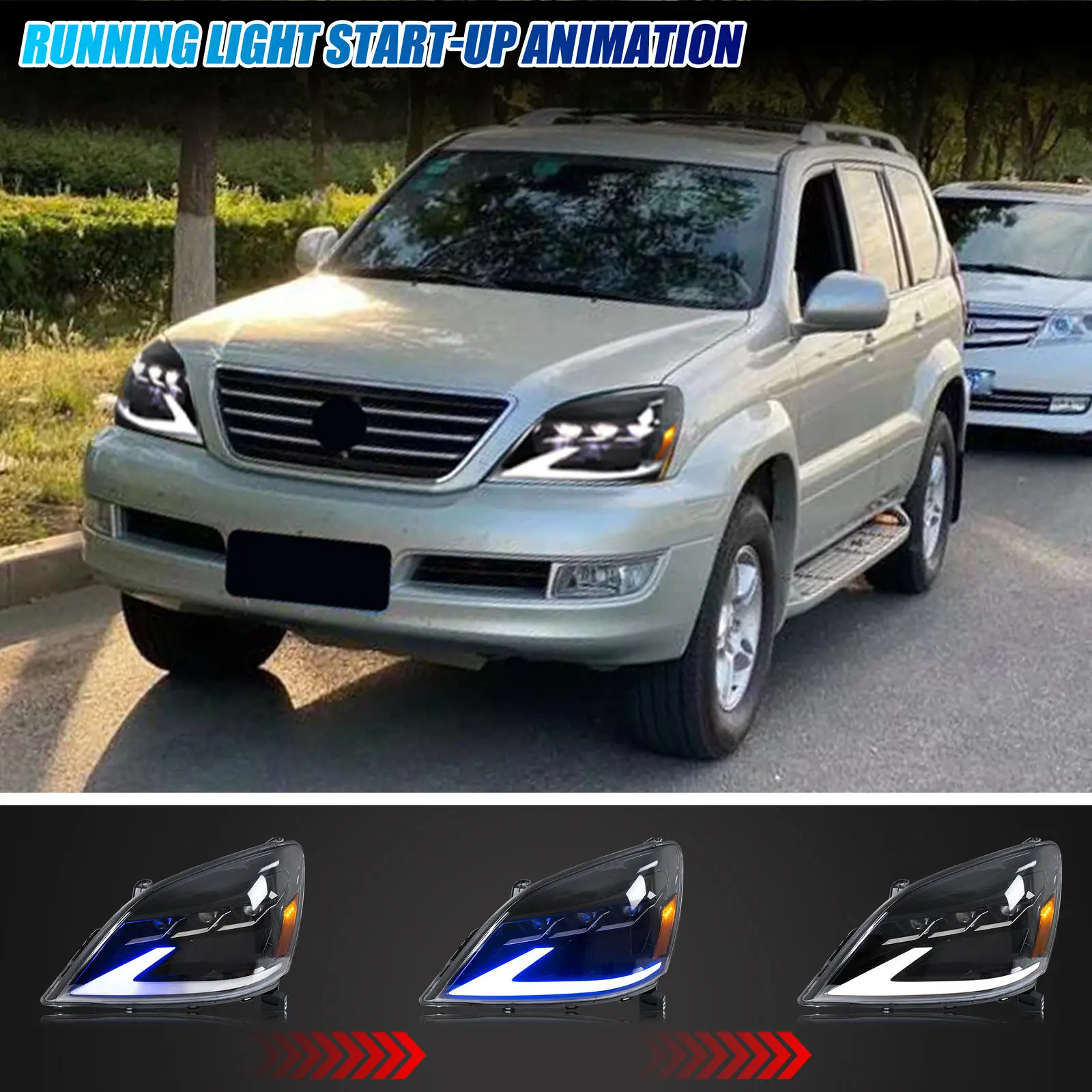 LED Headlights for Lexus GX470 2003-2009 Sequential Turn Signal Start-up Animation DRL Projector Front Lamps Assembly