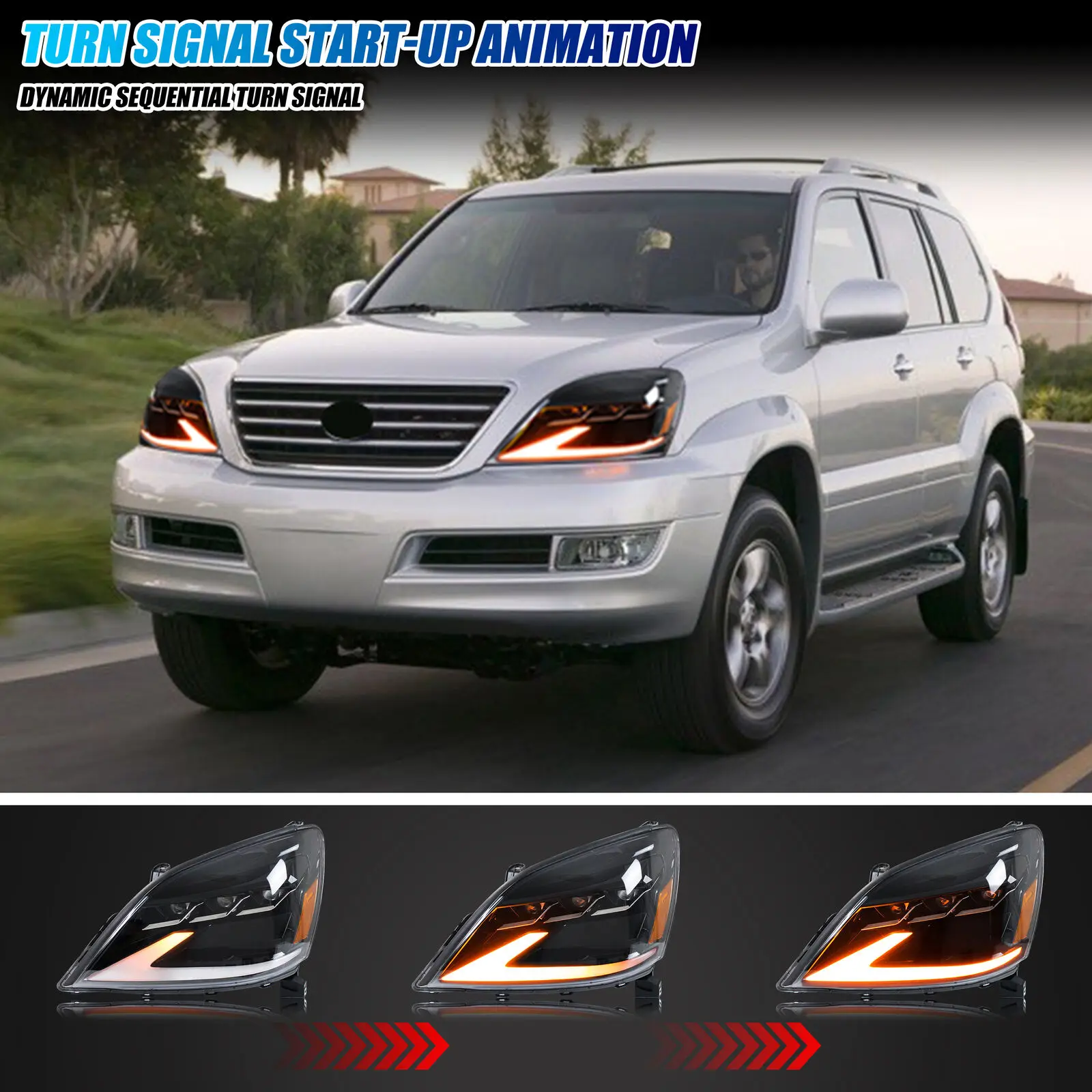 LED Headlights for Lexus GX470 2003-2009 Sequential Turn Signal Start-up Animation DRL Projector Front Lamps Assembly