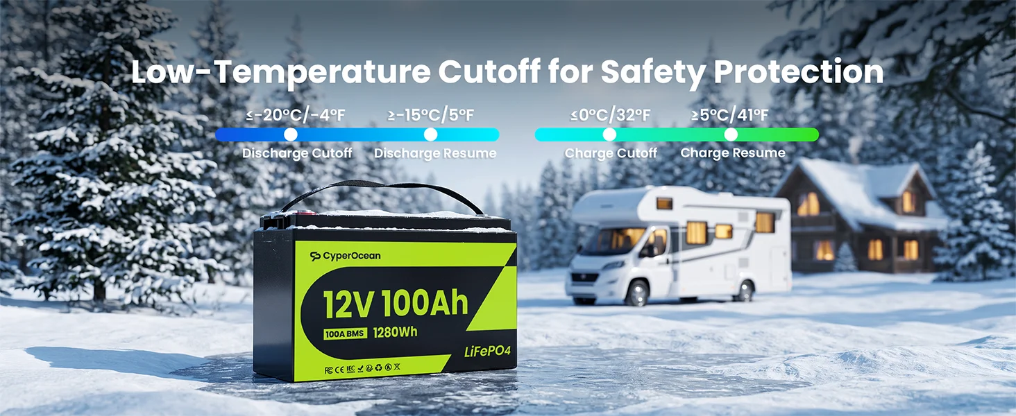 CyperOcean 12V 100Ah LiFePO4 Battery 100A BMS 6000 Cycles Low-Temp Protection 1280Wh For RV/Marine/ Home Storage/ Off-grid, 5-Year Warranty