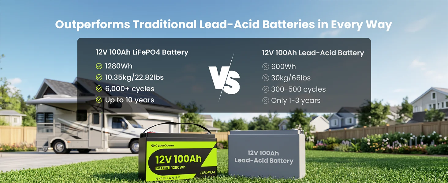 CyperOcean 12V 100Ah LiFePO4 Battery 100A BMS 6000 Cycles Low-Temp Protection 1280Wh For RV/Marine/ Home Storage/ Off-grid, 5-Year Warranty