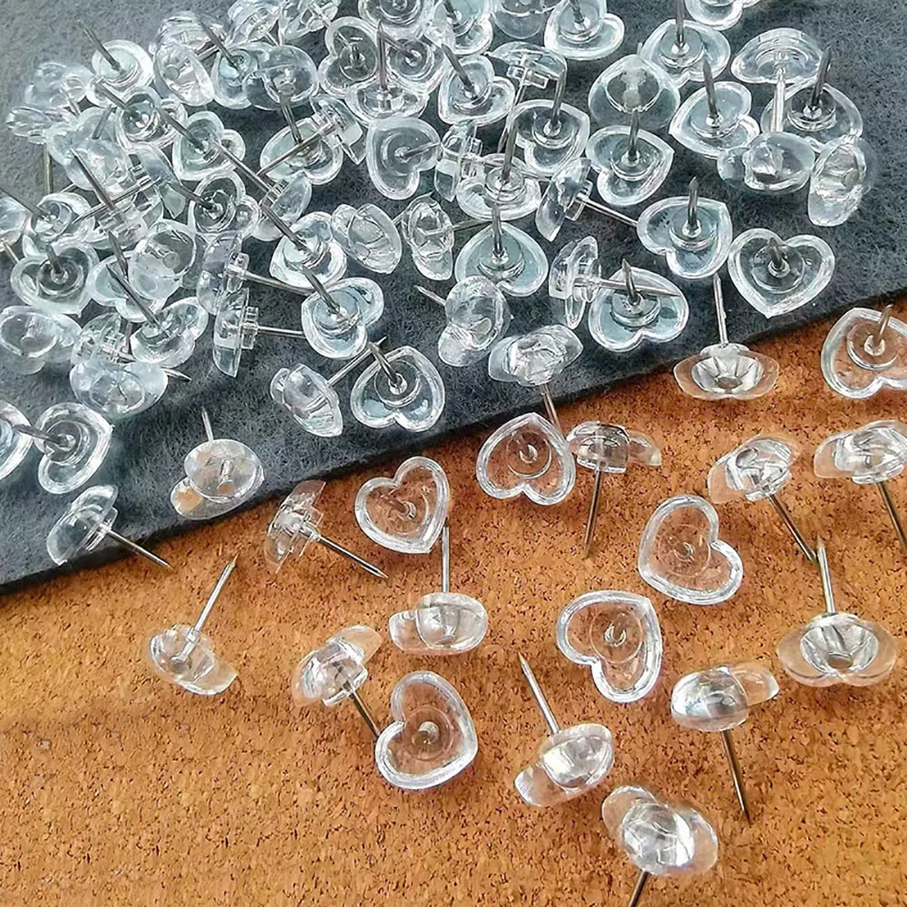 50/100PCS Transparent Love Heart Push Pins Thumbtacks Peach Heart L-beam Nails Painting Push Pins Wood Paneling Wall Push Pins