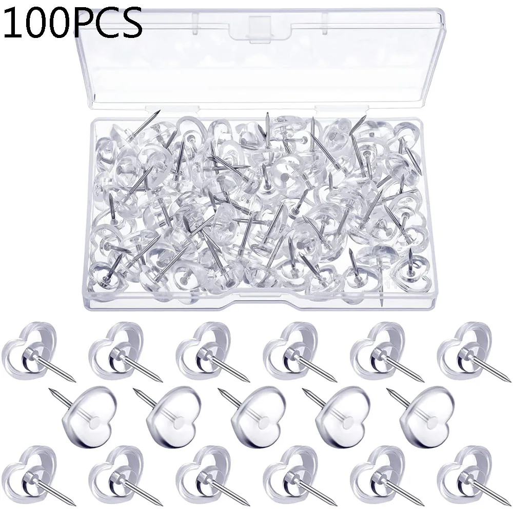 50/100PCS Transparent Love Heart Push Pins Thumbtacks Peach Heart L-beam Nails Painting Push Pins Wood Paneling Wall Push Pins