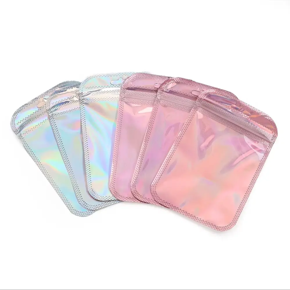 50Pcs Iridescent Self Sealing Bags Pink Silvery Laser Plastic Pouches Resealable Zip Lock Packaging For Jewelry Display Bags