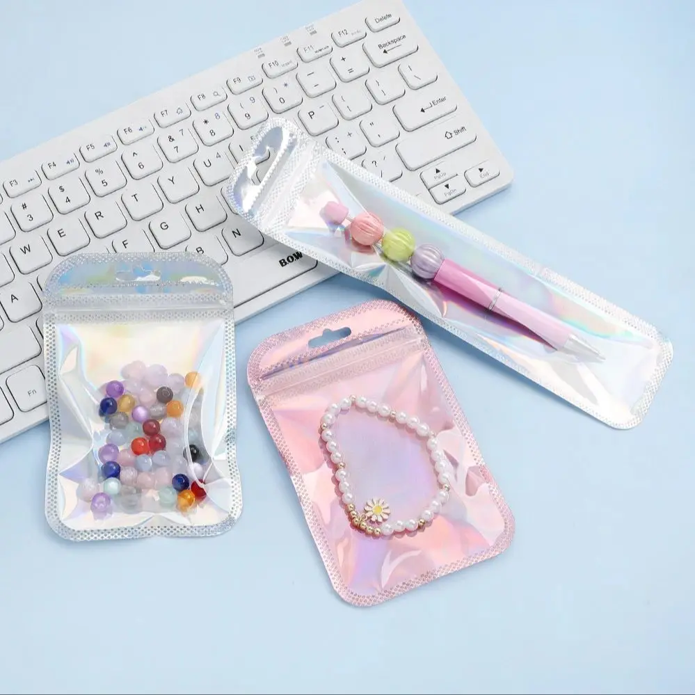50Pcs Iridescent Self Sealing Bags Pink Silvery Laser Plastic Pouches Resealable Zip Lock Packaging For Jewelry Display Bags