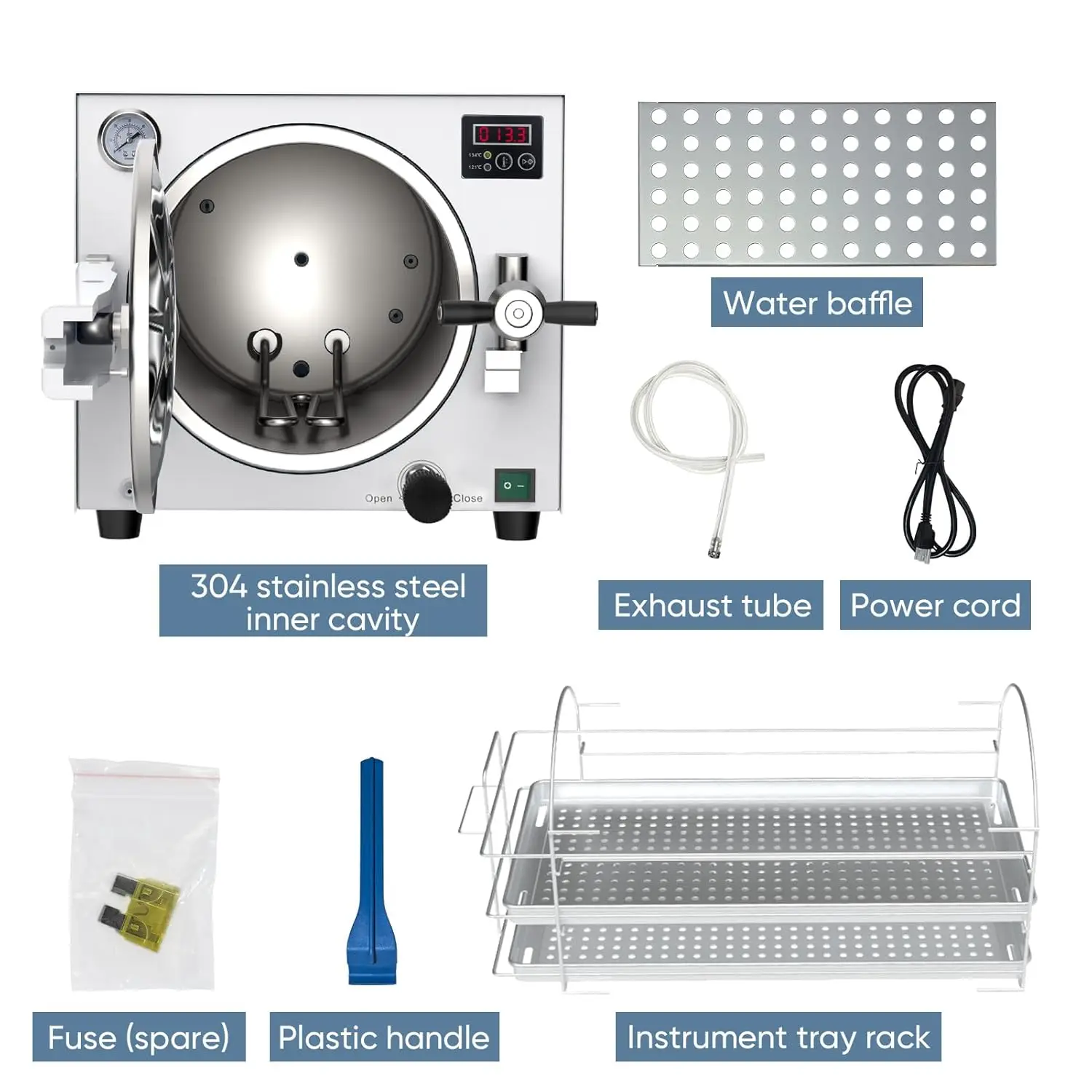18L Autoclave Sterilizer High Pressure Steam Machine for Dental Lab Salon Professional Stainless Steel Equipment with 3 Trays