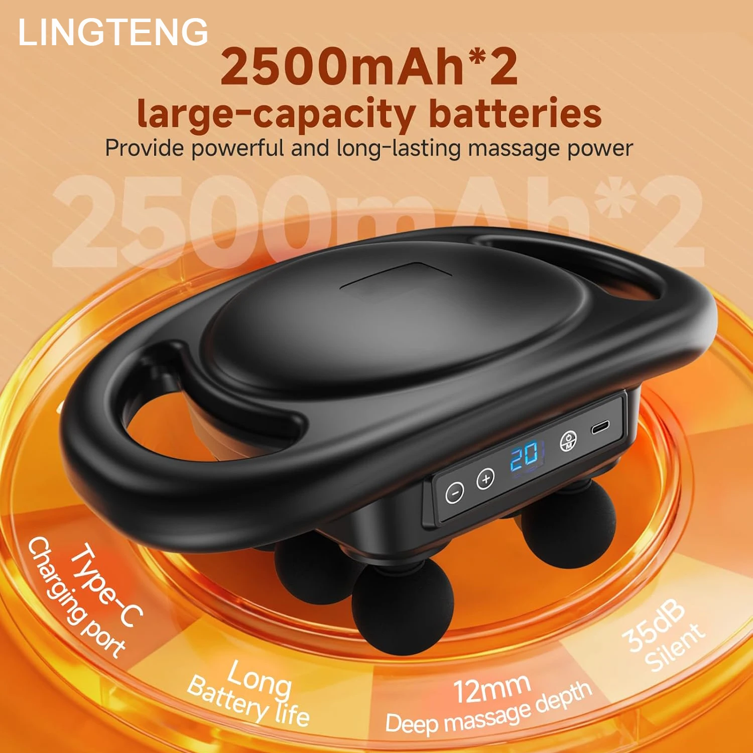 LINGTENG Massage Gun Deep Tissue, 6‑Heads Muscle Massager, Back Massager, Handheld Percussion Massage Tool, 9‑Speed Levels & 4 Modes, Christmas & Birthday Gift for Adults