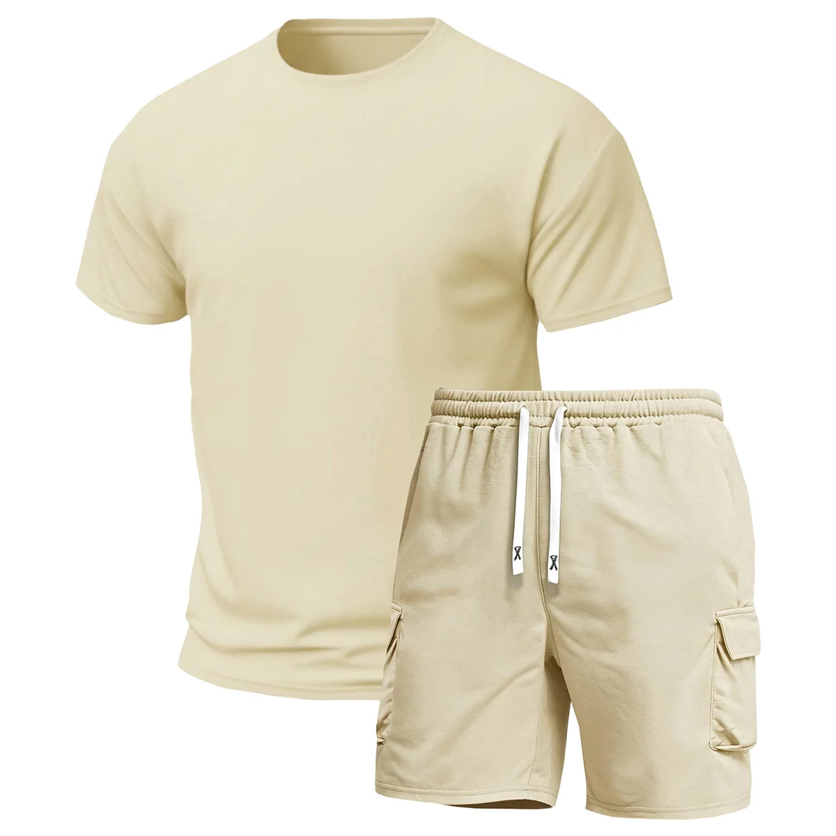 2-Pack Men's New Multi-Pocket Cargo Pants and Short Sleeve T-Shirt Set, Stylish Fit, Suitable for Sports, Casual Wear