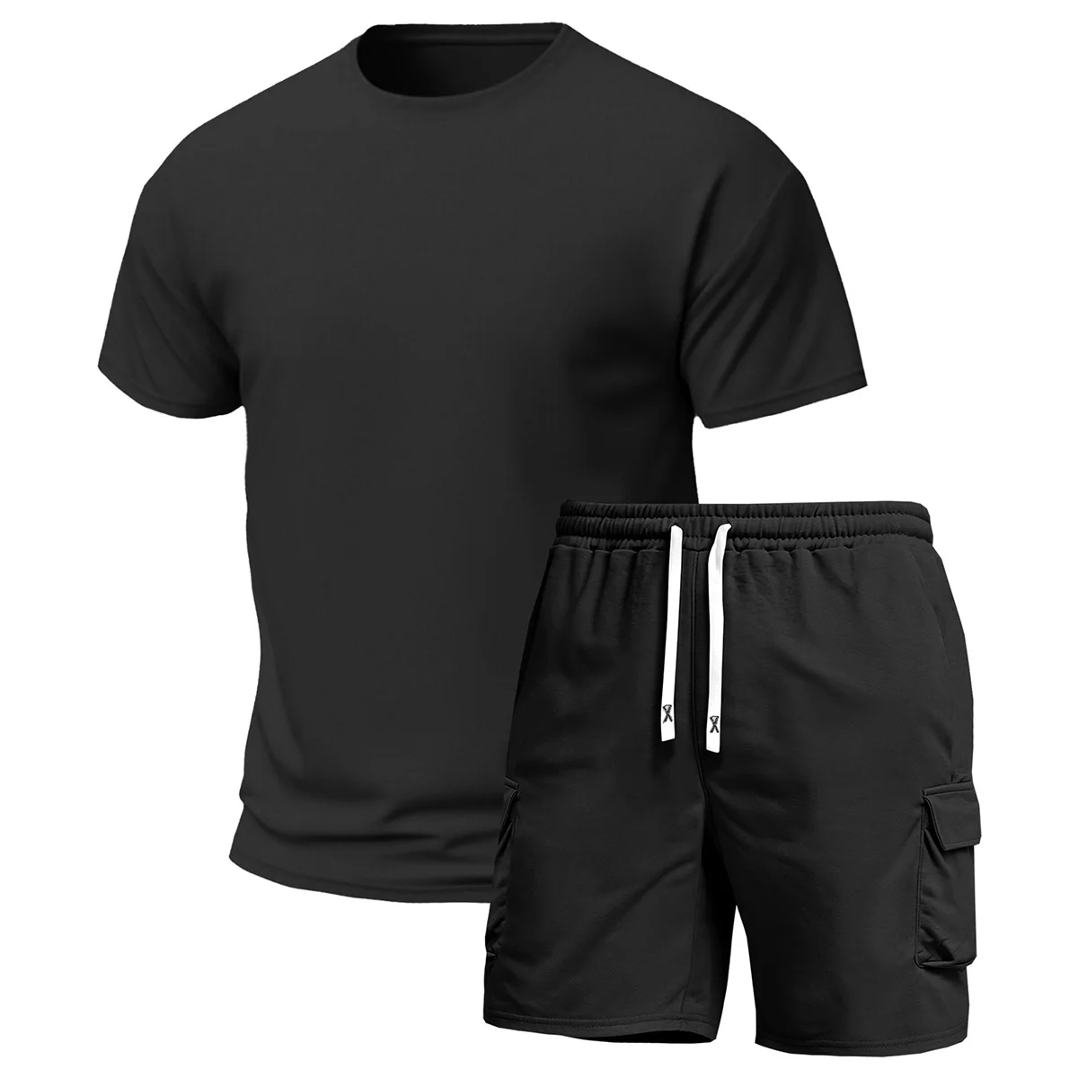 2-Pack Men's New Multi-Pocket Cargo Pants and Short Sleeve T-Shirt Set, Stylish Fit, Suitable for Sports, Casual Wear