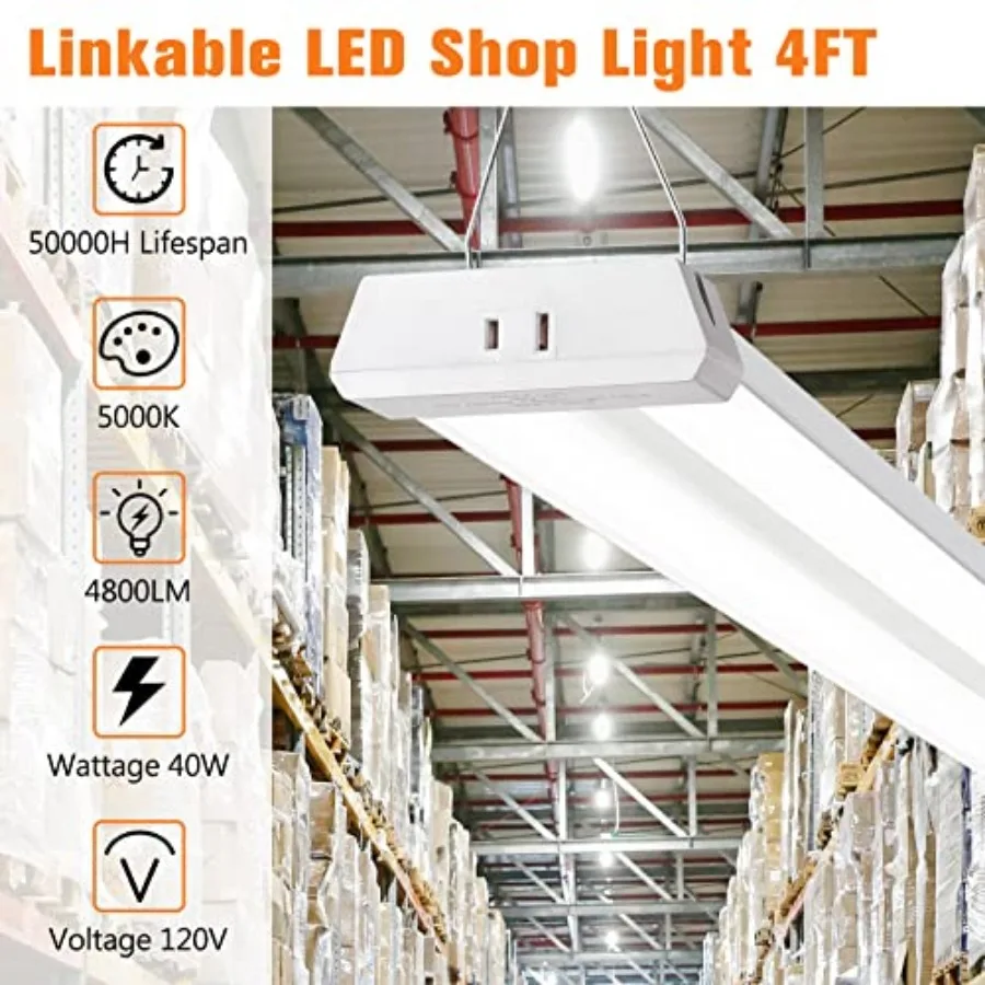 4FT Linkable LED Shop Light for Garages, 42W 4800LM 5000K Daylight Led Shop Lights, Ceiling Light with Pull Chain ON/Off,Linear