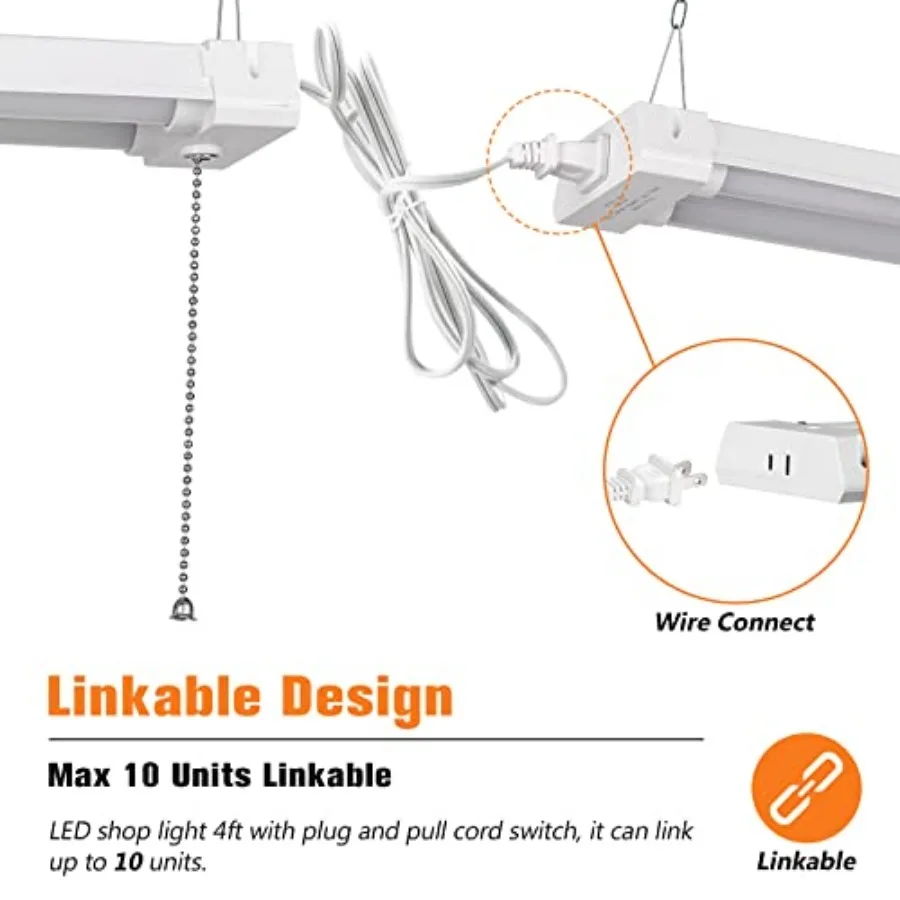 4FT Linkable LED Shop Light for Garages, 42W 4800LM 5000K Daylight Led Shop Lights, Ceiling Light with Pull Chain ON/Off,Linear