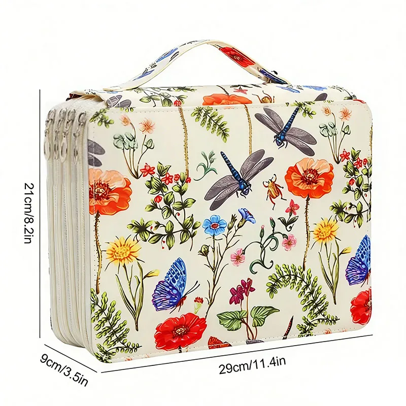 Vitality Dragonfly and Flower Pencil Box - 200-Hole Design, Durable Fabric Storage Bag, Suitable for Pencils, Markers, Scissors - Portable Office Art Supplies Storage Box, Dragonfly Decoration, Art Supplies Storage, Colorful Illustrations, Sturdy Structur