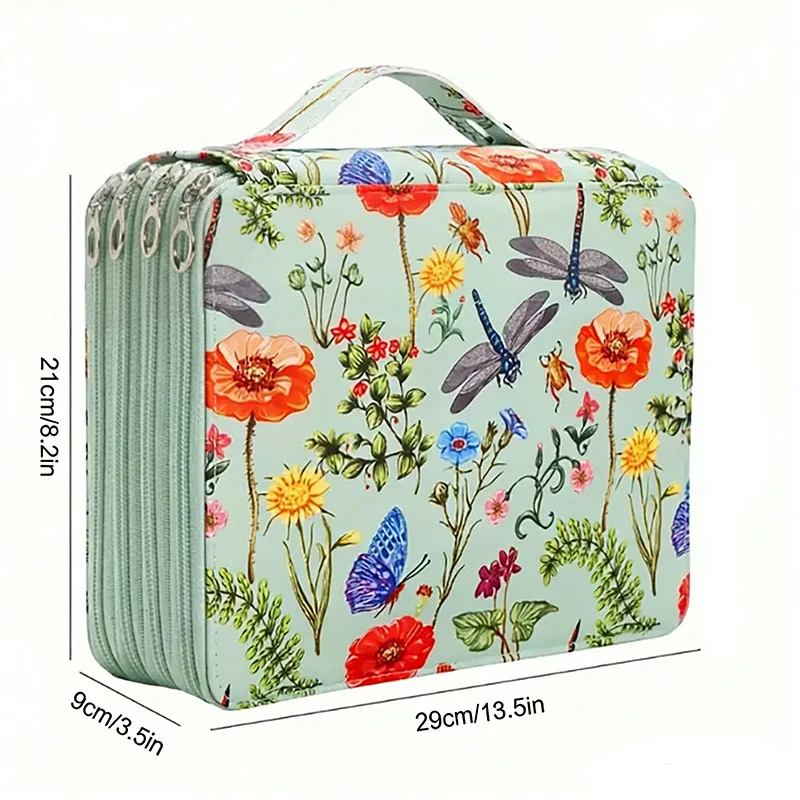 Vitality Dragonfly and Flower Pencil Box - 200-Hole Design, Durable Fabric Storage Bag, Suitable for Pencils, Markers, Scissors - Portable Office Art Supplies Storage Box, Dragonfly Decoration, Art Supplies Storage, Colorful Illustrations, Sturdy Structur