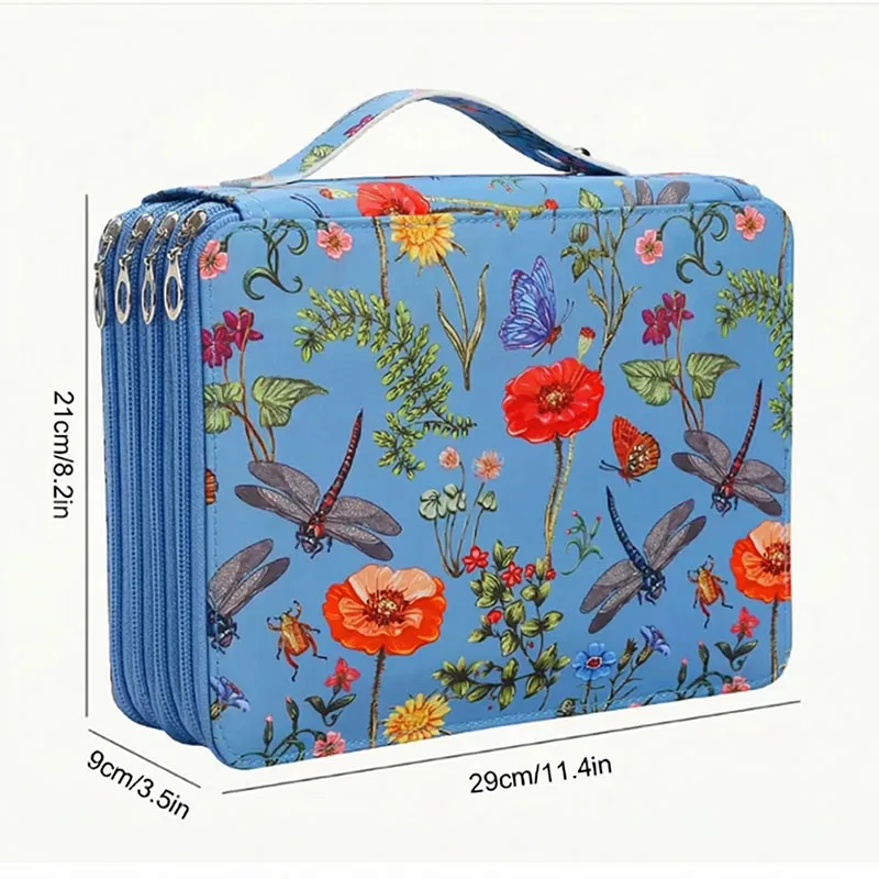 Vitality Dragonfly and Flower Pencil Box - 200-Hole Design, Durable Fabric Storage Bag, Suitable for Pencils, Markers, Scissors - Portable Office Art Supplies Storage Box, Dragonfly Decoration, Art Supplies Storage, Colorful Illustrations, Sturdy Structur