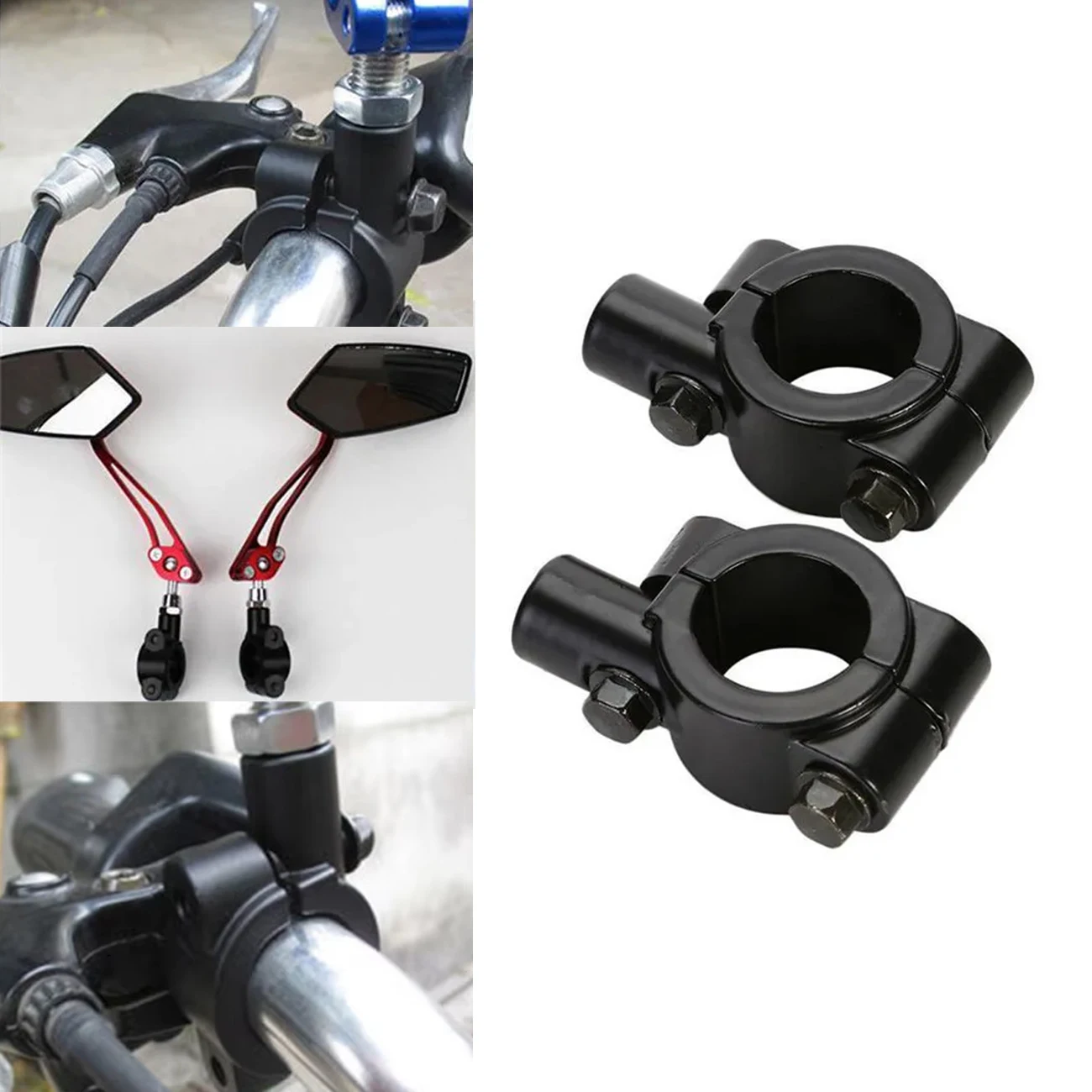 2Pcs 22mm Motorcycle Handlebar Mirror Mount Clamp 8mm Thread Universal Rear View Mirror Holder Adapter Black Base Accessories