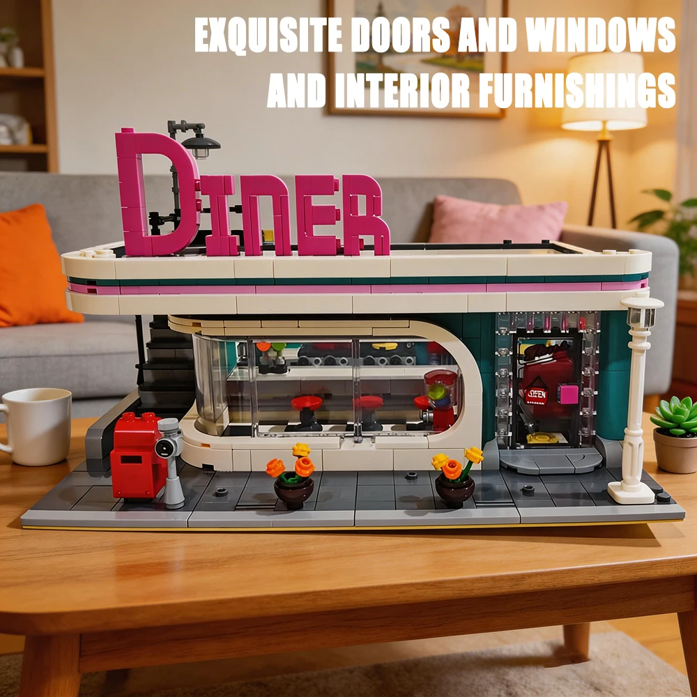 City House Street View Assembly Building Blocks Set Simulation Bank Grand Emporium PalaceCinema DowntownDiner Cityscape Model Creative Puzzle Bricks Toy Room Decoration Ornament Perfect Christmas Festival Gifts For Adults