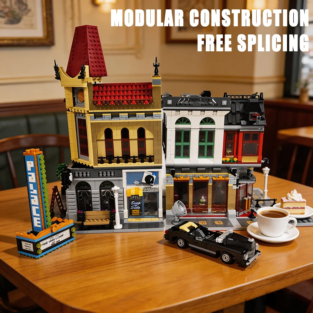 City House Street View Assembly Building Blocks Set Simulation Bank Grand Emporium PalaceCinema DowntownDiner Cityscape Model Creative Puzzle Bricks Toy Room Decoration Ornament Perfect Christmas Festival Gifts For Adults