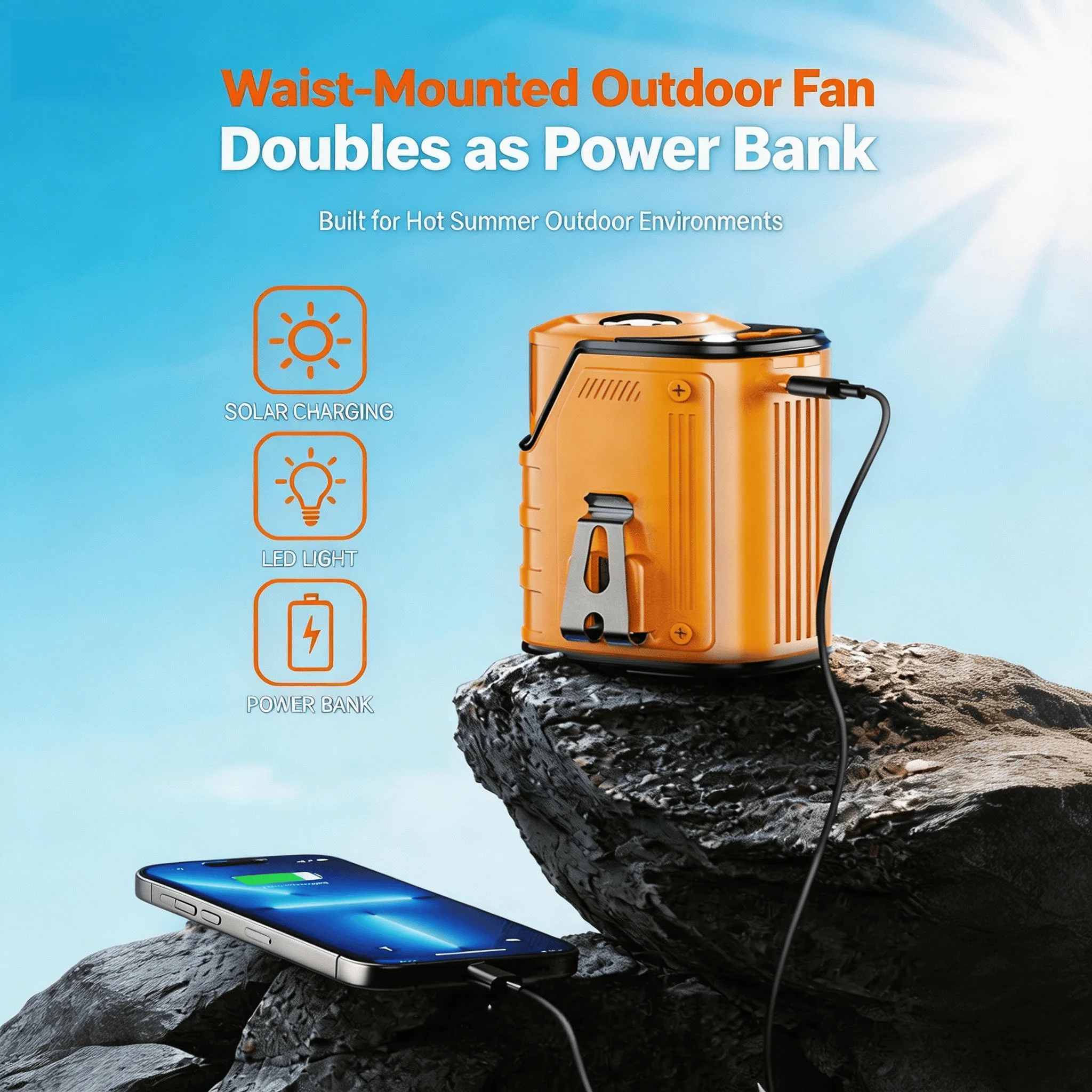 2026 3-in1 Waist Fan, Portable Fan, Handheld Fan, Neck Fan, Mini Fan, Desktop Fan, Can Be Used as an Emergency Power Bank, 5000mAh 10H Long Lasting, 100 Speed Adjustable, LED Flashlight & SOS Light, Flashlight, Type-C Rechargeable