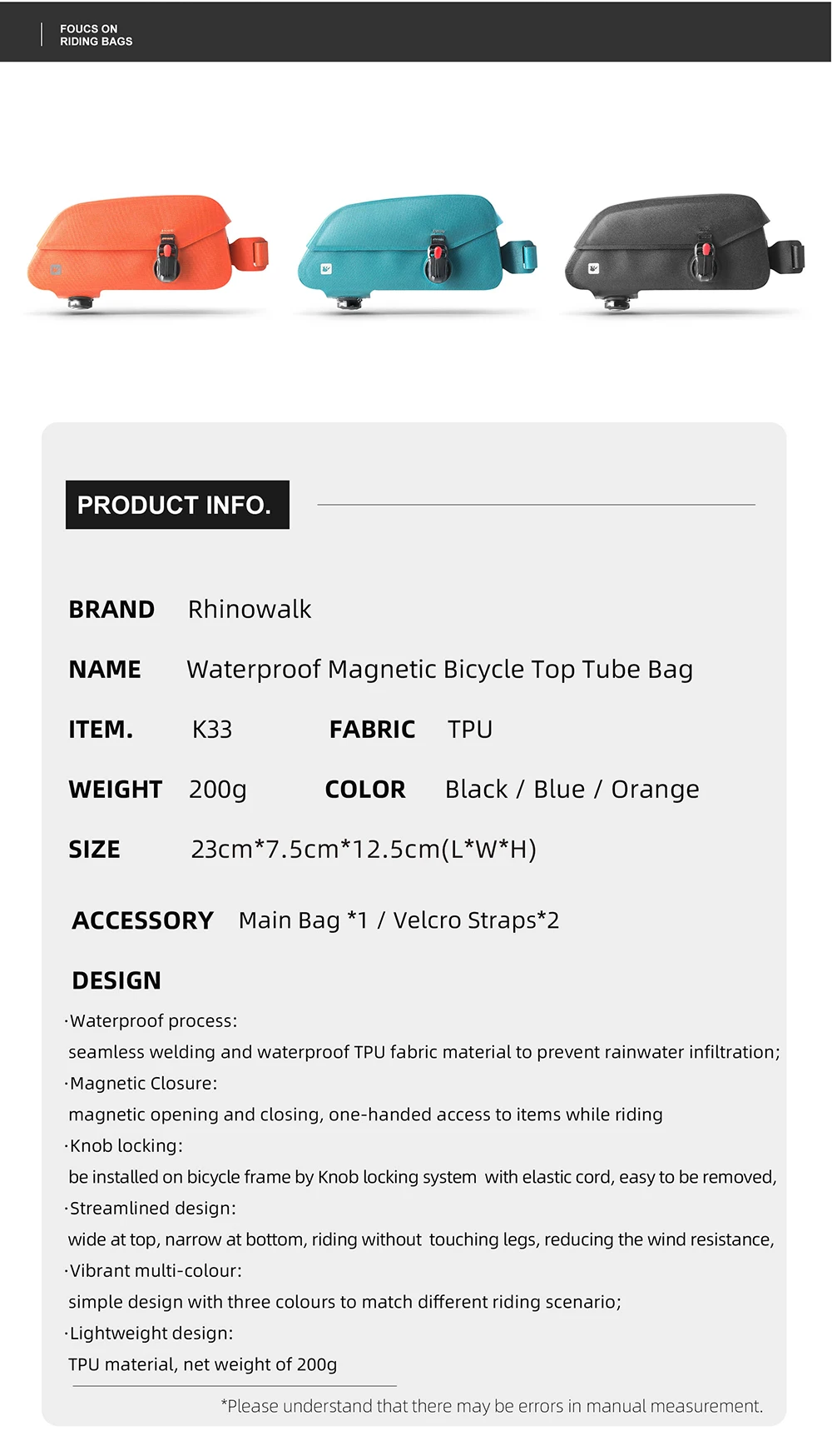 Rhinowalk Bicycle Top Tube Bag Waterproof Bike Front Frame Bag Fit MTB Road Bike Large Capacity Pannier Cycling Accessories