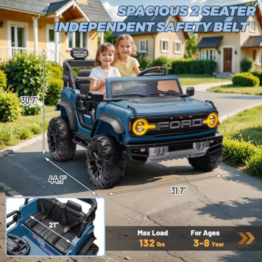 2 Seater Ride On Car for Kids, 24V Licensed Ford Bronco Raptor Electric Power Ride On Truck Toy with Remote Control, 4 Wheels Shock Absorption, Soft Start, Bluetooth, Radio, 3 Speed - Blue