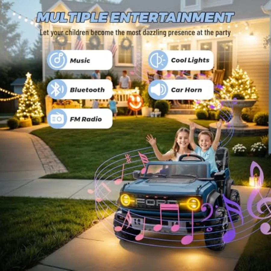 2 Seater Ride On Car for Kids, 24V Licensed Ford Bronco Raptor Electric Power Ride On Truck Toy with Remote Control, 4 Wheels Shock Absorption, Soft Start, Bluetooth, Radio, 3 Speed - Blue