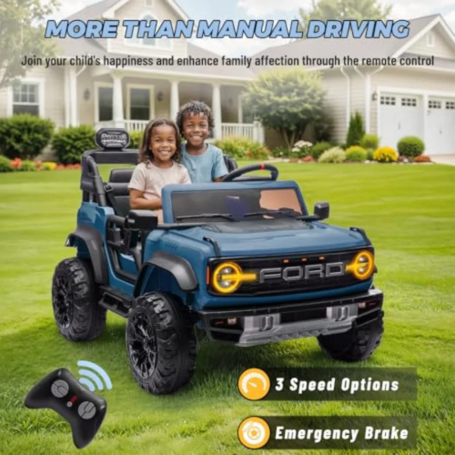 2 Seater Ride On Car for Kids, 24V Licensed Ford Bronco Raptor Electric Power Ride On Truck Toy with Remote Control, 4 Wheels Shock Absorption, Soft Start, Bluetooth, Radio, 3 Speed - Blue
