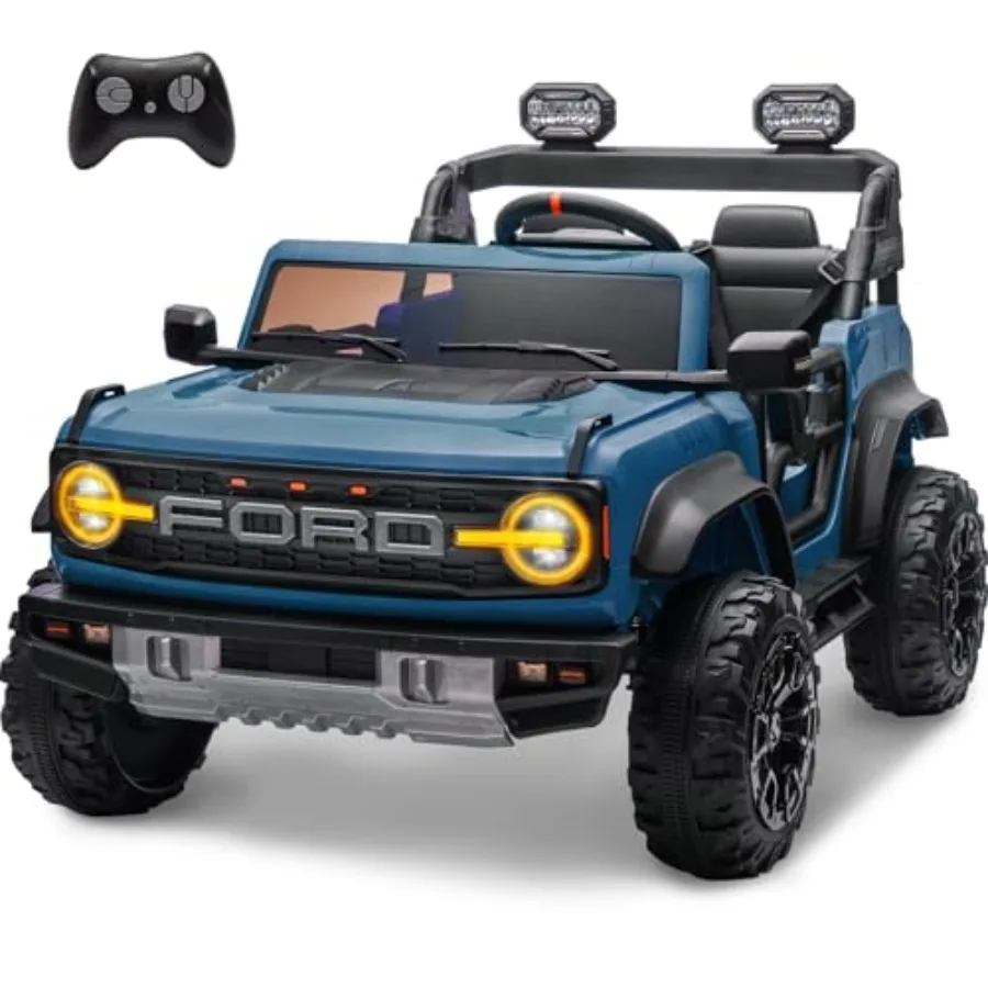 2 Seater Ride On Car for Kids, 24V Licensed Ford Bronco Raptor Electric Power Ride On Truck Toy with Remote Control, 4 Wheels Shock Absorption, Soft Start, Bluetooth, Radio, 3 Speed - Blue