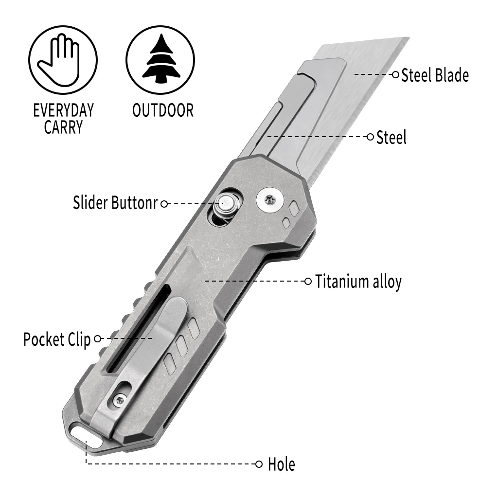 TGZUO Titanium Folding Utility Knife, EDC Pocket Knife with Clipk, Lightweight Box Cutter W/10PCS Razor Blades Outdoor Cutter