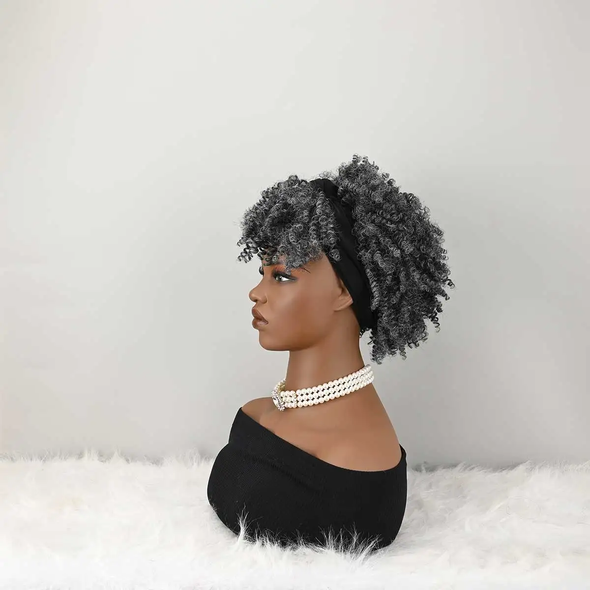 Headband Wig Curly Headband Wig With Bangs For Women Synthetic Afro Curly Hair Wig With Headband Attached Short Kinky Curly Afro High Puff With Bangs Stripes Short Red Curly Wigs with Bangs for Women, Natural Wavy Synthetic Wig, Fluffy Pixie Cut
