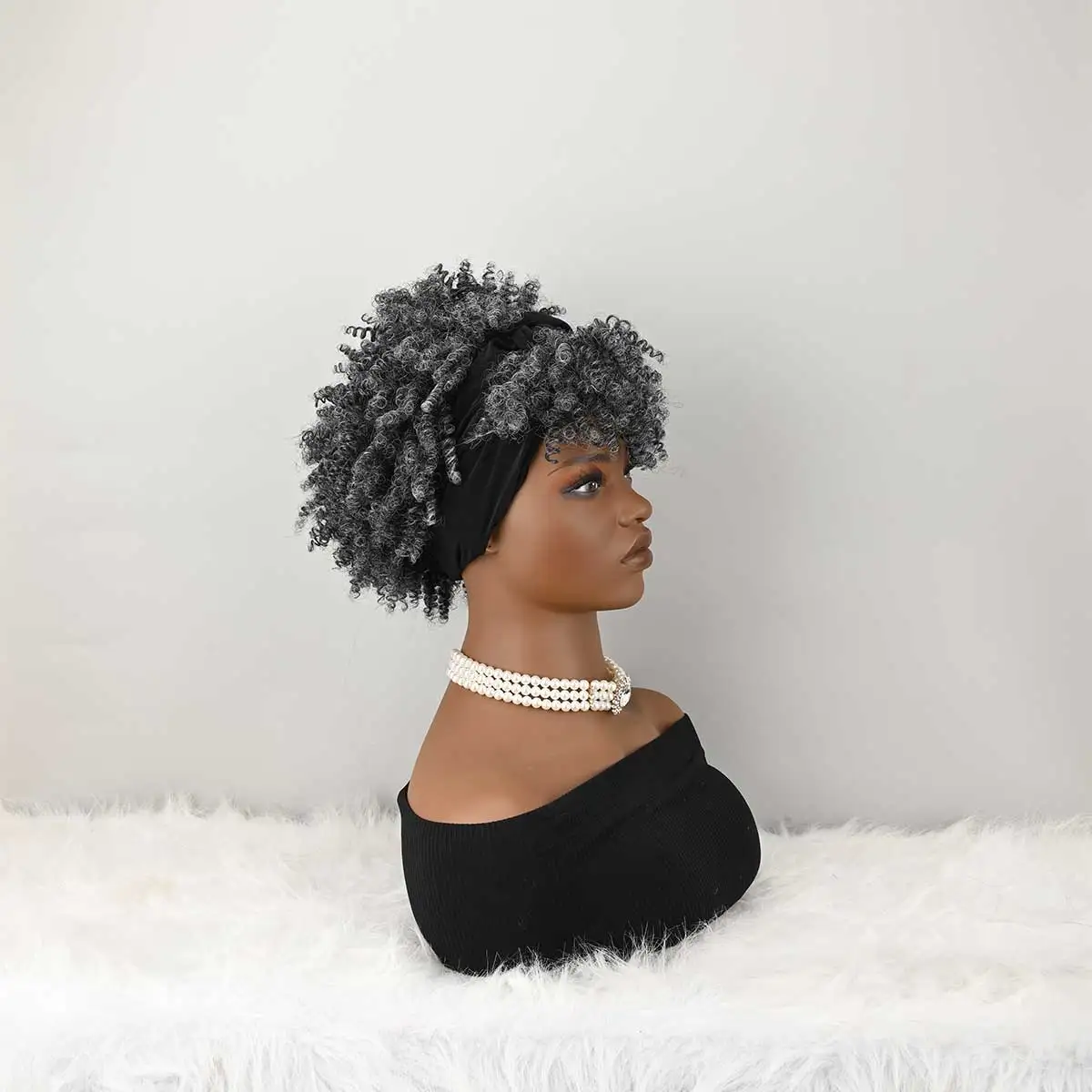 Headband Wig Curly Headband Wig With Bangs For Women Synthetic Afro Curly Hair Wig With Headband Attached Short Kinky Curly Afro High Puff With Bangs Stripes Short Red Curly Wigs with Bangs for Women, Natural Wavy Synthetic Wig, Fluffy Pixie Cut