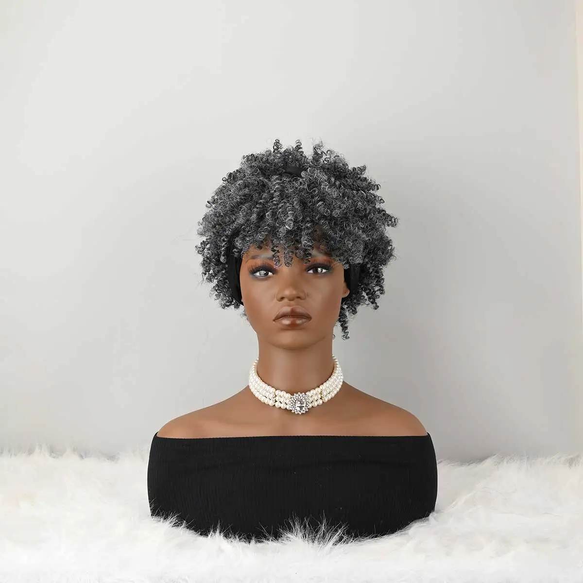 Headband Wig Curly Headband Wig With Bangs For Women Synthetic Afro Curly Hair Wig With Headband Attached Short Kinky Curly Afro High Puff With Bangs Stripes Short Red Curly Wigs with Bangs for Women, Natural Wavy Synthetic Wig, Fluffy Pixie Cut