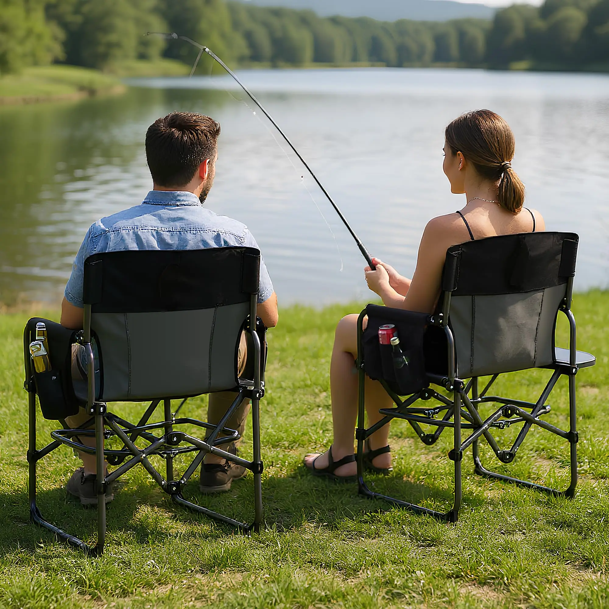 1 PCS Heavy Duty Oversized Directors Camping Chairs for Adults, 400lb Portable Folding Outdoor Lawn Chair with Side Table, Pocket & High Back, Ideal for Beach, Fishing, Picnic - Black