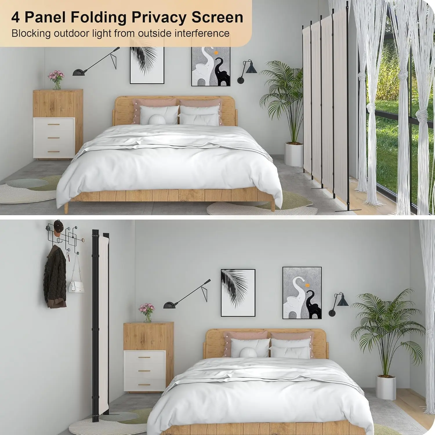 Room Divider 4 Panel Partition Folding Privacy Screen with 3 Metal Feet, 88" W Portable Wall for Office Bedroom Children's Room