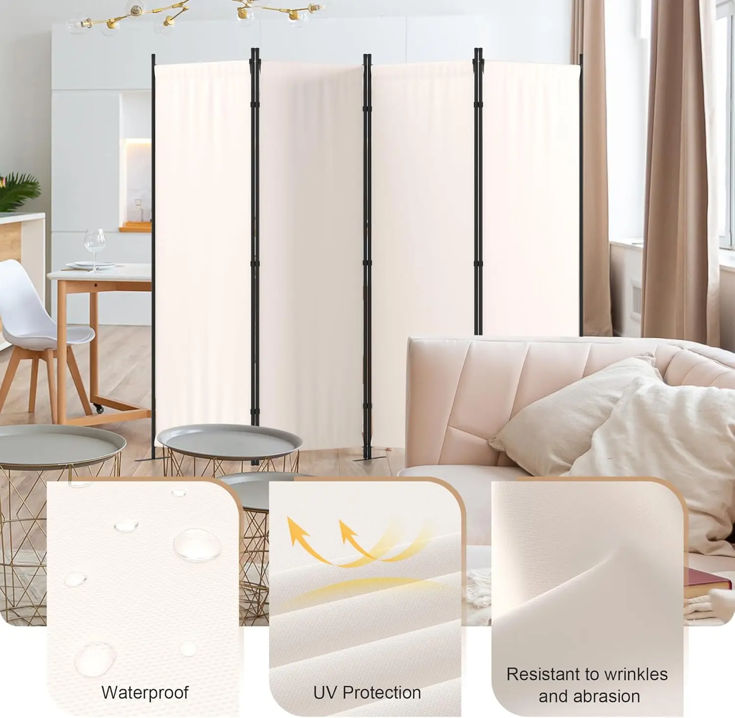 Room Divider 4 Panel Partition Folding Privacy Screen with 3 Metal Feet, 88" W Portable Wall for Office Bedroom Children's Room