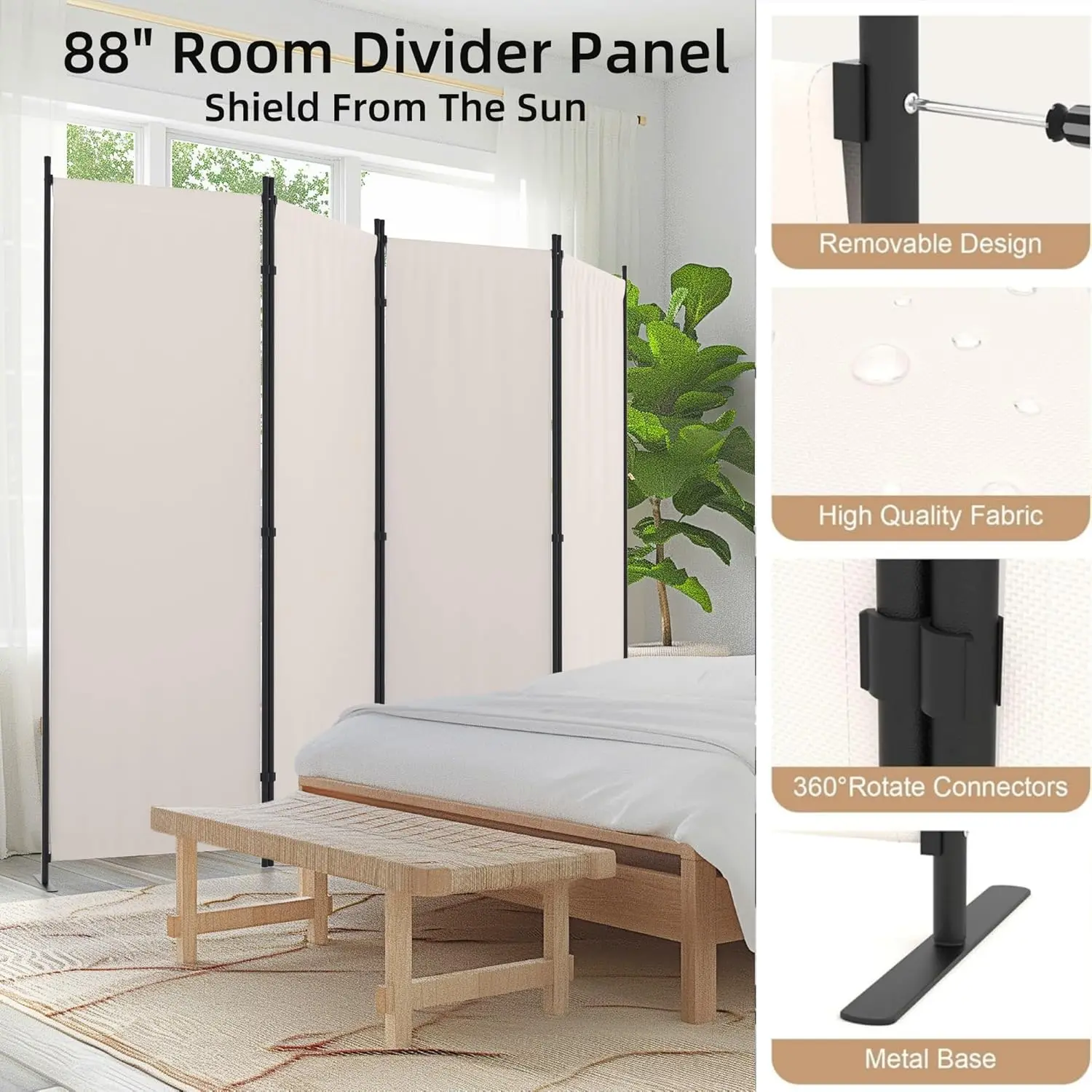 Room Divider 4 Panel Partition Folding Privacy Screen with 3 Metal Feet, 88" W Portable Wall for Office Bedroom Children's Room